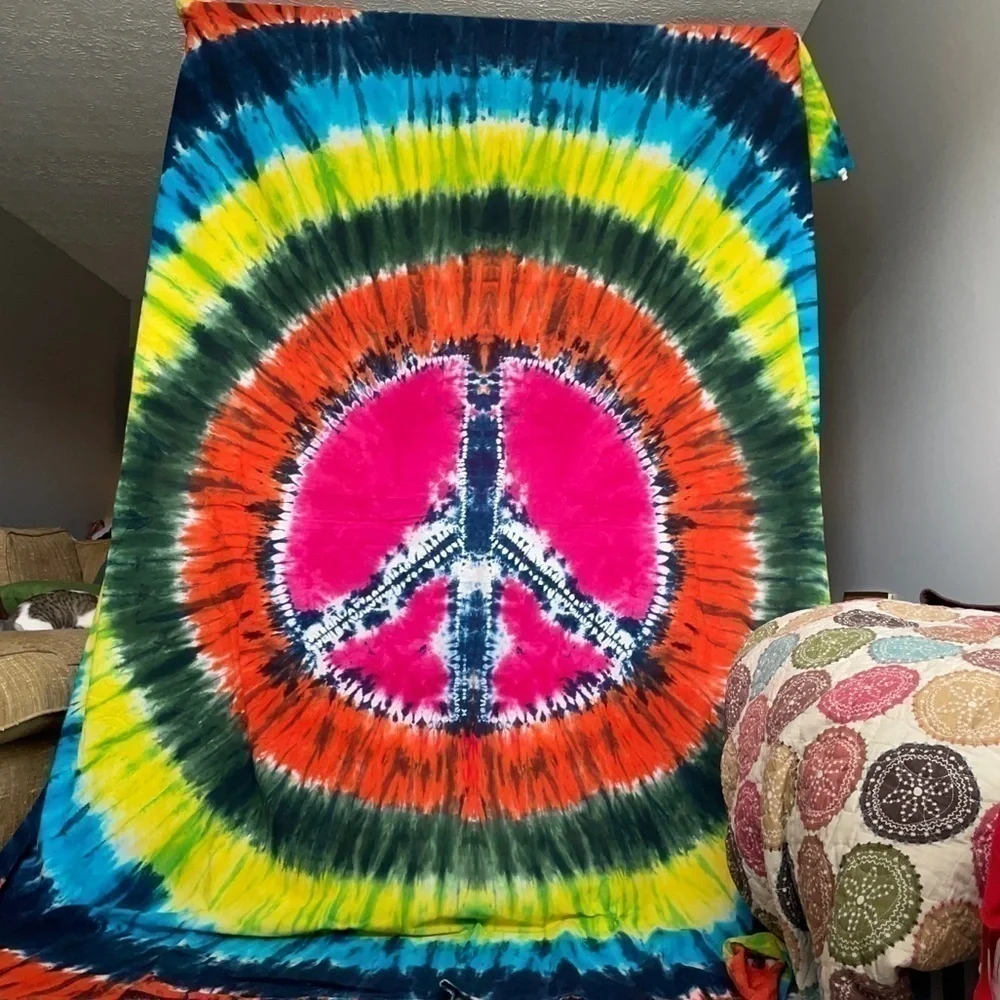 Tapestry Wall Decor Flag Rainbow Circle Tie Dye Peace Sign Pride Fair Trade